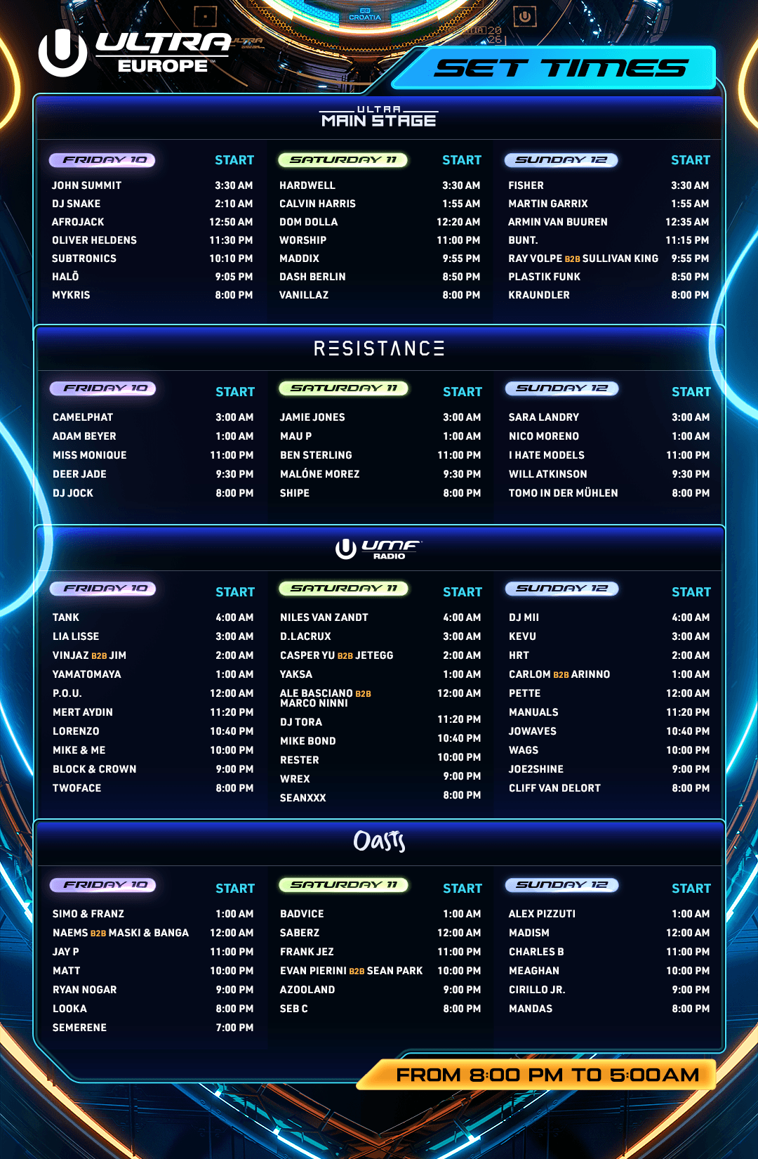 Set times · three nights, 8pm to 5am